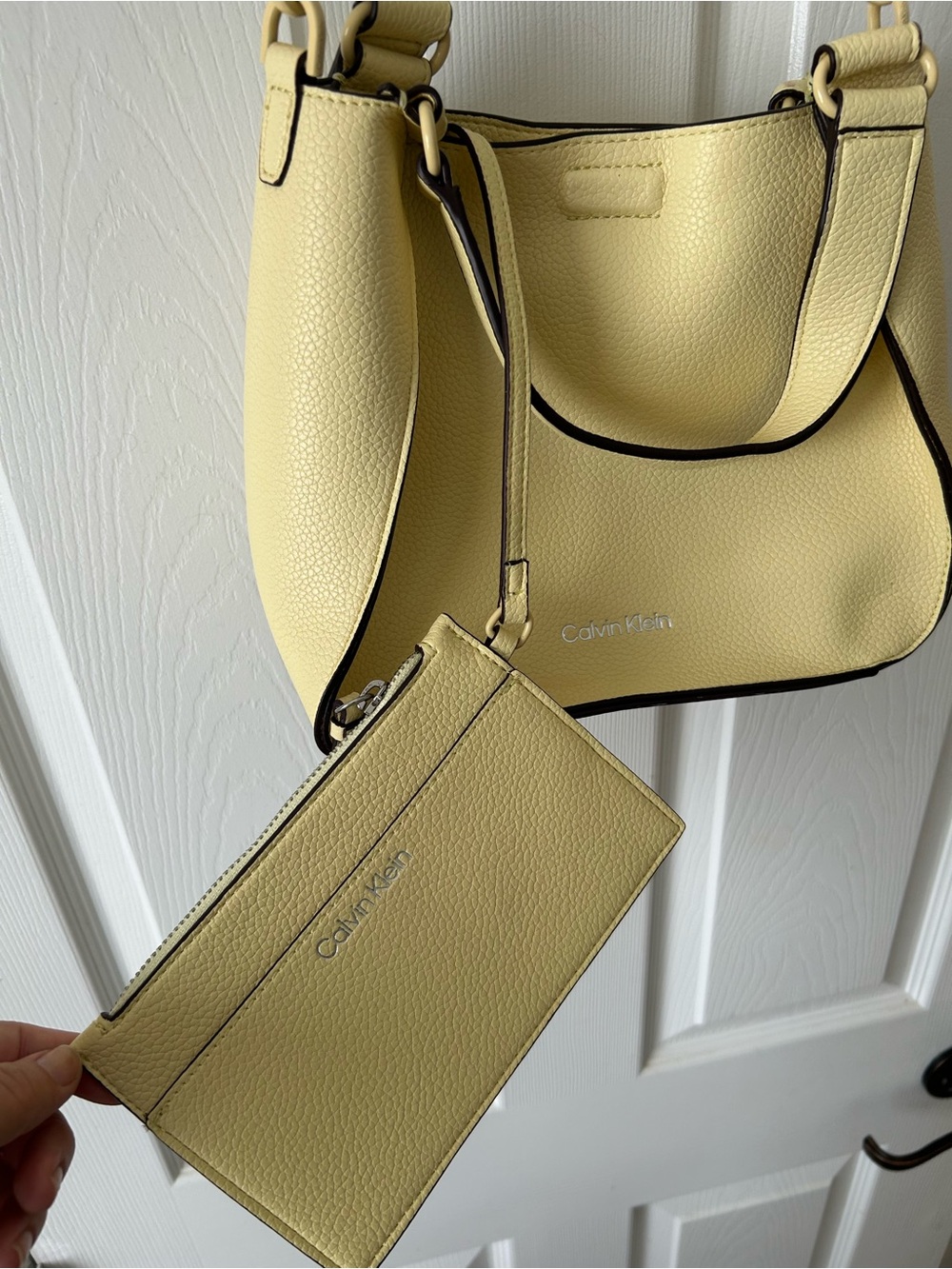 Calvin Klein Pale Yellow Pebbled Shoulder Tote with Wristlet